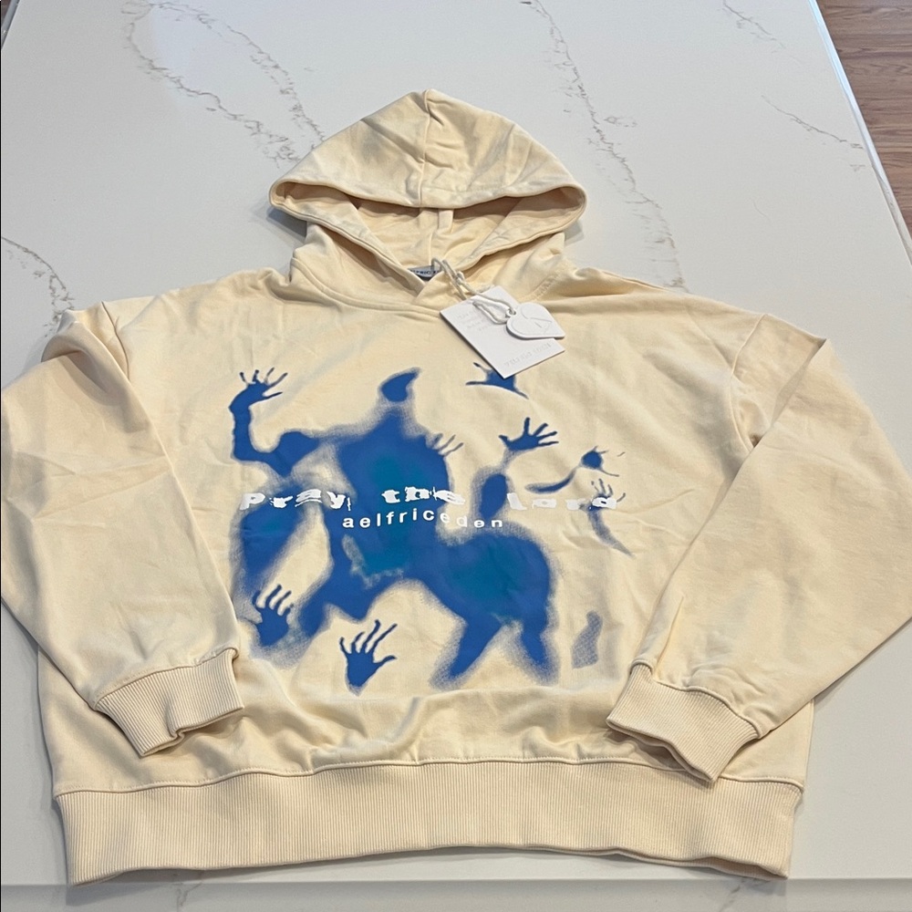 Aelfric Eden Beige and Blue Graphic Hoodie XS NWT Pray the Lord